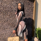 Voguable Long Sleeve Turtleneck Y2K Print Mesh Skinny Maxi Dress Streetwear Casual Clothing